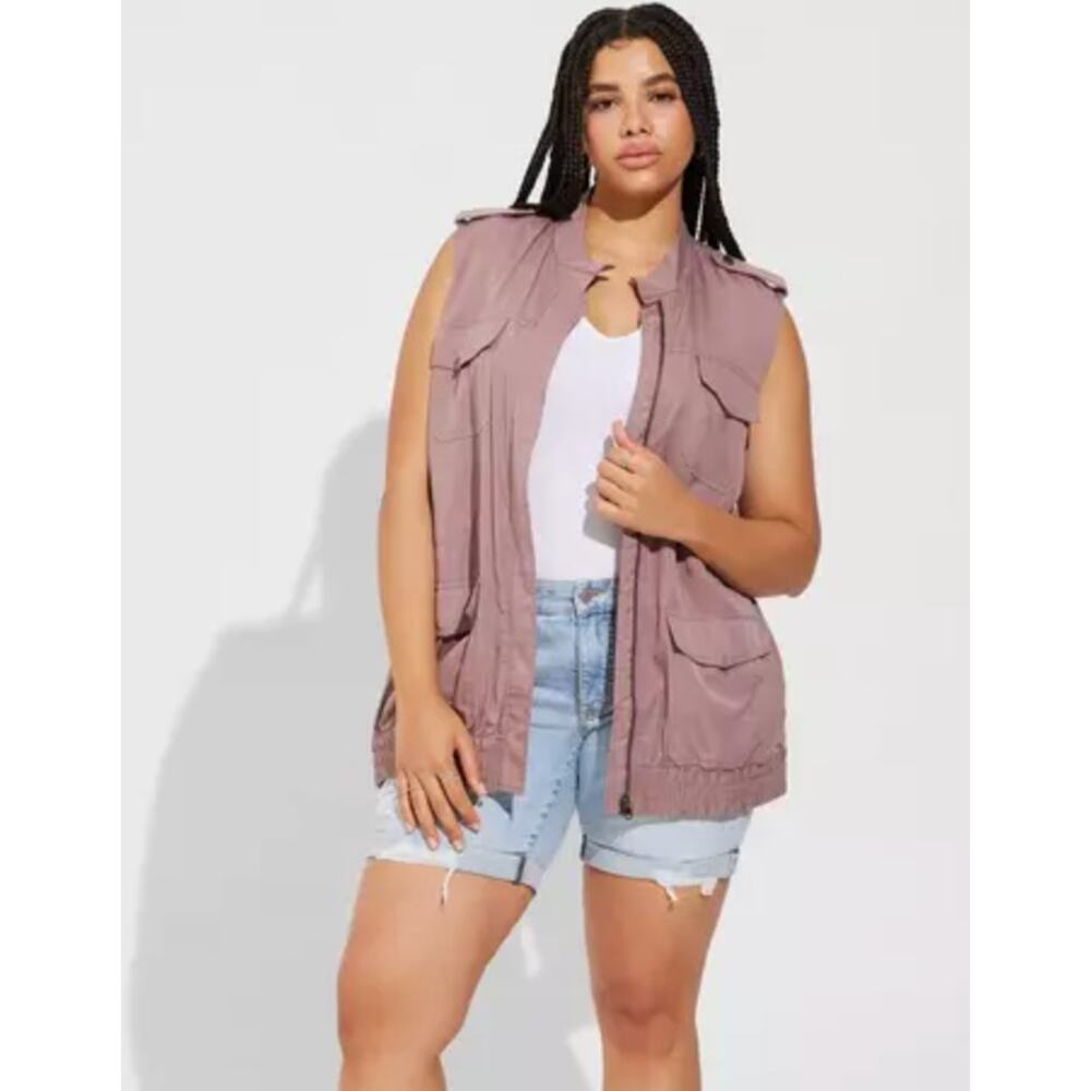 NWT Torrid Twilight‎ Mauve Full Zip Pockets Tencel Twill Utility Vest Size Large